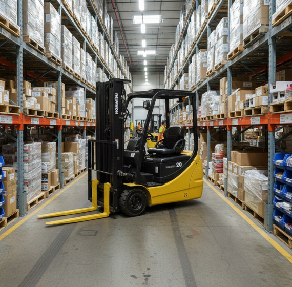 Chariot élévateur électrique compact circulant entre des rangées d’entrepôt, idéal pour manœuvrer dans des espaces étroits, offert inspecté par Kirmar.