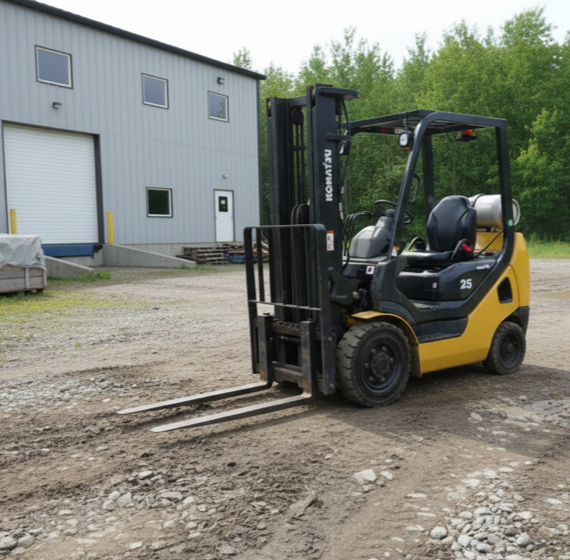 Chariot élévateur à combustion interne utilisé sur sol extérieur irrégulier devant un entrepôt, adapté aux travaux robustes et offert inspecté par Kirmar.