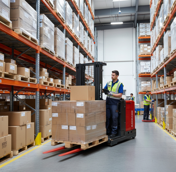 Sélecteur de commande opérant dans un entrepôt pour soulever et déplacer des palettes en hauteur, idéal pour la préparation de commandes, offert inspecté par Kirmar.