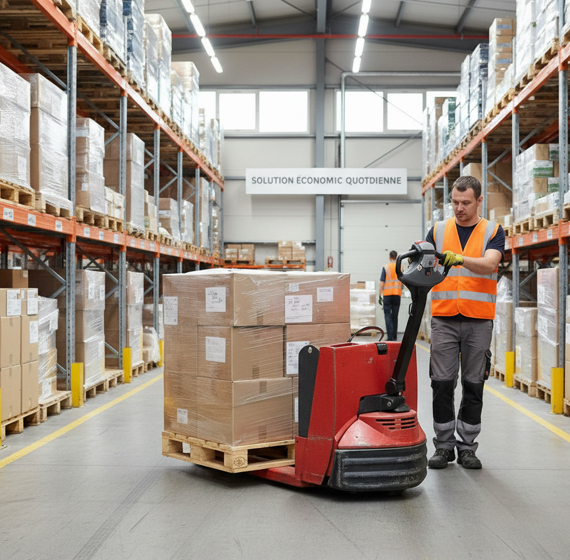 Transpalette électrique utilisé par un opérateur en entrepôt pour déplacer des palettes lourdes au sol, idéal pour la manutention rapide et offert inspecté par Kirmar.