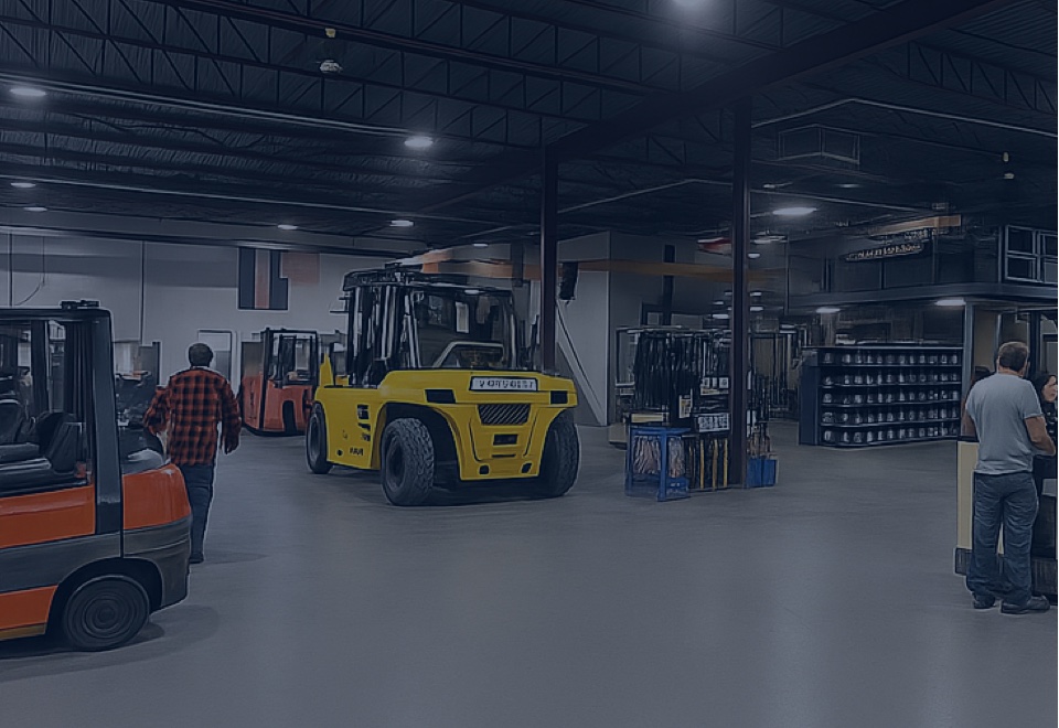 Atelier de chariots élévateurs avec techniciens et équipements, illustrant l’entretien et la réparation de chariots élévateurs à Montréal